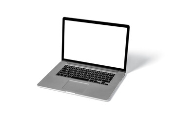 Laptop with blank empty white screen display mock-up, isolated on white background. 