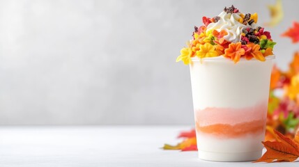 Autumn-themed iced dessert in a clear cup, adorned with colorful flower-shaped sprinkles and whipped cream, nestled amongst fall foliage