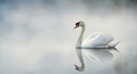 Elegant White Swan Gliding on Misty Lake Reflecting in Calm Water Serene Nature Scene