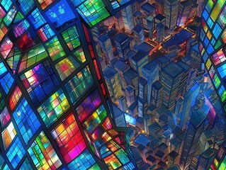 A vibrant, futuristic cityscape illuminated by colorful glass structures, showcasing a dynamic urban environment with glowing buildings and a river winding through the scene