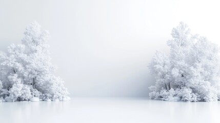 Fototapeta premium Two stylized white trees flank a minimalist white background. The image features a simple composition with reflective surfaces. High-quality rendering shows smooth textures and even lighting. The ae