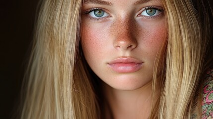 Naklejka premium Close-up portrait of a young woman with blonde hair and light green eyes