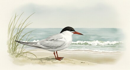 Elegant Tern Bird Standing Beach Watercolor Painting Coastal Serenity Artwork