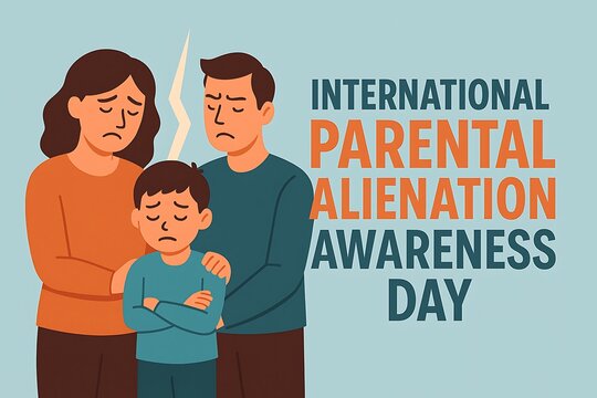 International Parental Alienation Awareness: A somber illustration commemorating International Parental Alienation Awareness Day, depicting a family separated by a fault line.