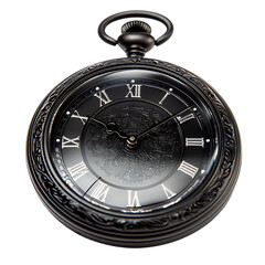 Polished Black Pocket Watch with Roman Numerals Isolated on Transparent Background