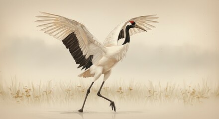 Fototapeta premium Elegant majestic Red-crowned Crane with wings spread wide in a serene misty landscape on a calm reflective surface, concept for nature conservation, Asian cultural design and peaceful spiritual themes