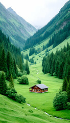Secluded wooden cabin nestled in a lush green valley between majestic mountains, with a stream flowing through