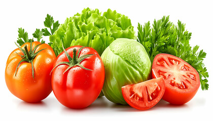 Fresh tomatoes, lettuce, and cabbage on white background