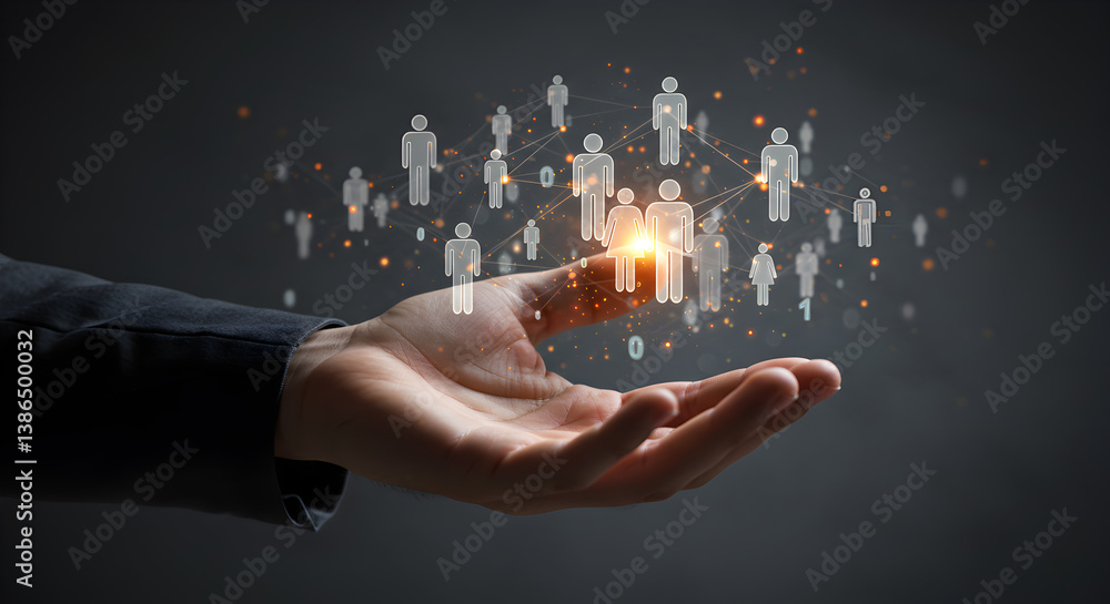 Poster open hand displaying a network of people icons with glowing connection points in front of dark gray 