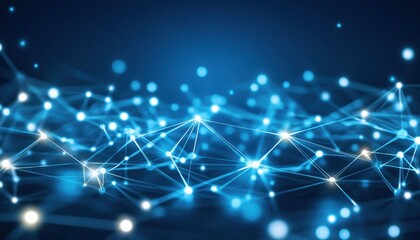 Fototapeta premium Abstract representation of a digital network with interconnected lines and glowing nodes, set against a deep blue background, illustrating the concept of technology and connectivity
