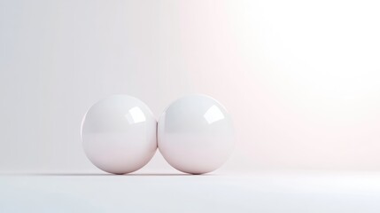 Two glossy white spheres rest on a white surface. The simple composition features soft lighting. The image is clean and minimalist, with a calm and serene mood. The background is a light, off-white