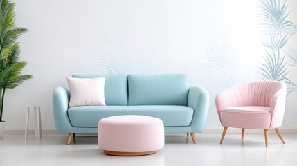 A light blue sofa with a pink pillow sits next to a pink armchair. A pink ottoman rests in front. The setting is minimalist, with a light background featuring subtle palm leaf designs. The image is w