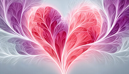 Obraz premium Abstract heart formed by delicate, feather-like, pink and purple fractal patterns