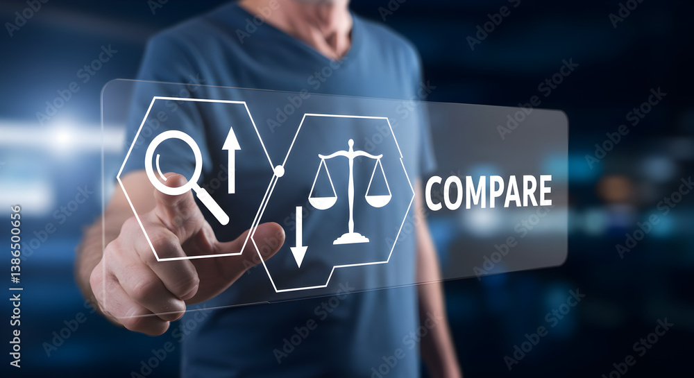 Poster man touches hexagon screen displaying comparison icons and scales for justice and balance