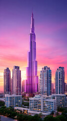 Fototapeta premium Majestic skyscraper at sunset, surrounded by city buildings