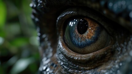 Close-up eye of a prehistoric reptile.  Detailed view of the eye, showcasing its unique coloration and texture, set against a blurred background of lush foliage