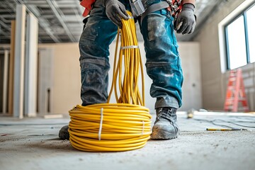 A construction worker holds coiled yellow electrical power cables