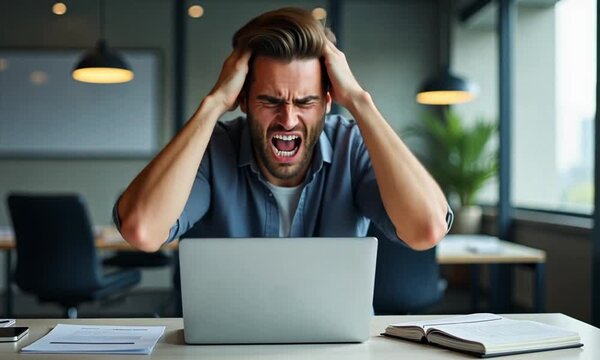 Stressed businessman at modern workspace reacting with frustration. Man sitting at desk with open laptop, notebook, phone, expressing anger or dissatisfaction in office setting.


