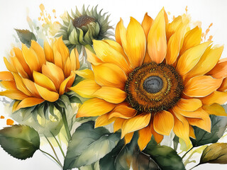 Sunflowers, Watercolor Illustration With White Background