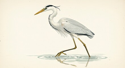 Obraz premium Elegant Heron Wading Shallow Water Vintage Bird Illustration Wildlife Art
