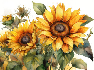 Sunflowers, Watercolor Illustration With White Background