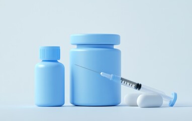 Light blue medicine bottles and syringe on a light background