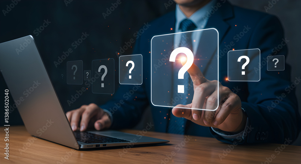 Aufkleber man in blue suit using laptop with question marks on digital interface over wooden table with dark b