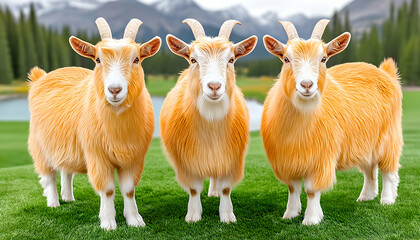 Three fluffy, light-brown goats stand on a grassy hill, mountains in the background