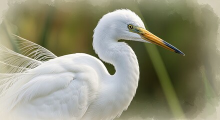Fototapeta premium Elegant white great egret bird with delicate feathers and sharp beak, set against a soft, blurred green background with subtle light effects, concept for nature photography, wildlife documentaries