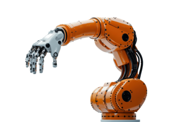 Robotic arm reaching extending metallic orange futuristic technology isolated on transparent background