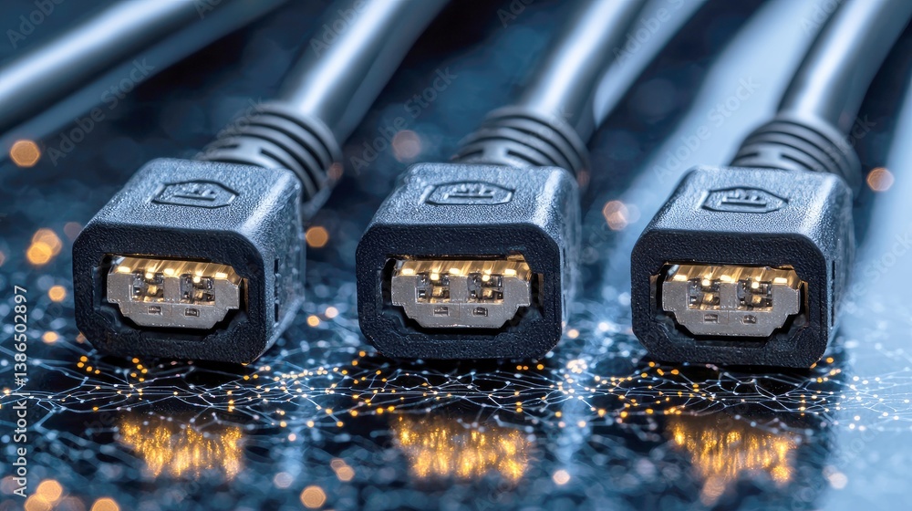 Aufkleber close-up of three technological connectors: high-resolution image of data transfer cables and connec