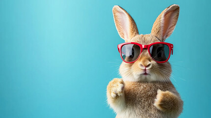 A cool Easter bunny wearing sunglasses and giving a thumbs up, symbolizing fun and joy. Bright and simple tone with a blurred empty background and ample caption space