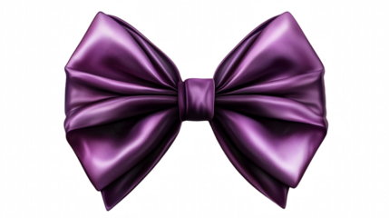 Large, shiny, purple satin bow with symmetrical loops on a transparent background
