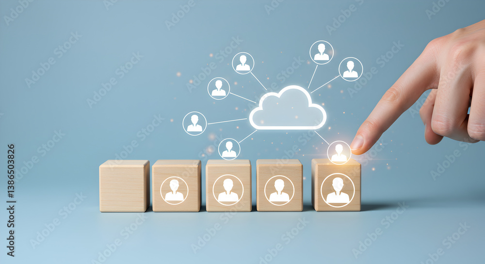 Poster hand touching cloud network icon above wooden blocks on light blue background for cloud computing an