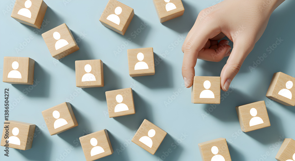 Poster hand selecting wooden block with person icon on blue background displaying resource selection