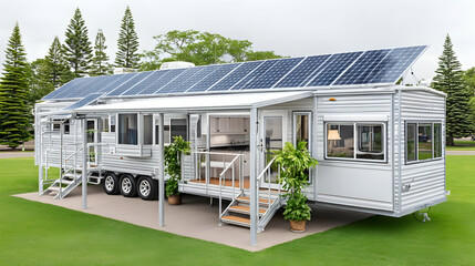 Luxurious off-grid caravan with solar panels, expansive awning, and outdoor steps