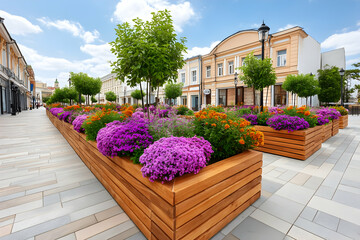 Vibrant flowerbeds line a sunny, pedestrian street with classic architecture