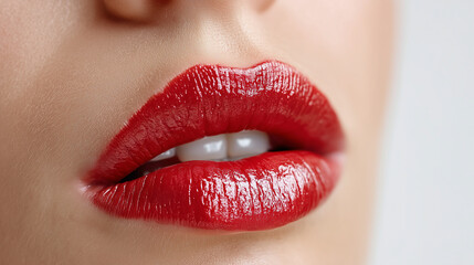 Obraz premium Close-Up of Lips with Red Lipstick on Light Background