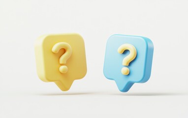 Floating question mark icons, light blue and yellow, on white background