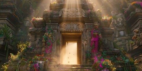 Ancient temple surrounded by lush vegetation, illuminated by rays of sunlight, with intricate carvings and vibrant flowers, creating a serene and mystical atmosphere
