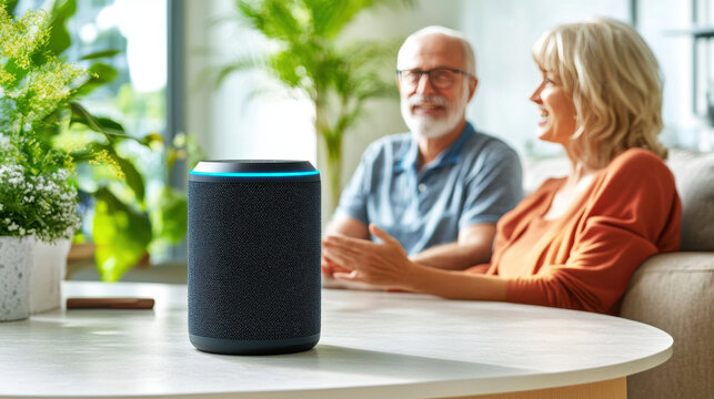 Elderly couple using voice command with smart speaker at home