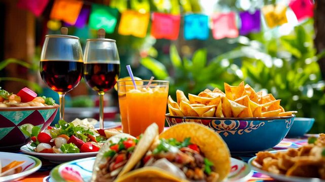 Mexican food. Vibrant Mexican fiesta outdoors with tacos, nachos, and drinks under banners