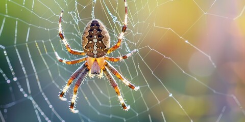 Close-up of a vibrant spider intricately weaving its web in a sunlit outdoor setting, showcasing the delicate details of its body and the shimmering threads against a blurred natural background