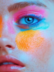 Close-up portrait of a model with vibrant face paint in shades of pink, blue, and orange, showcasing artistic makeup against a blurred background, emphasizing creativity and self-expression