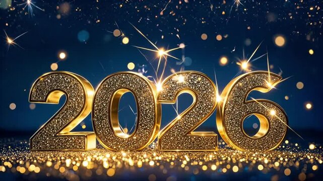 celebrating the arrival of 2026 concept video a sparkling blue background and golden lettering wishing a happy new year happy new year 2026 banner