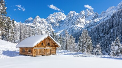 Snowy wooden cabin in a winter mountain landscape.