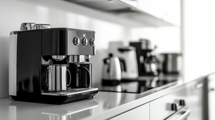 Coffee machine on modern countertop with sunlight streaming in during morning hours, creating a warm and inviting atmosphere for coffee lovers