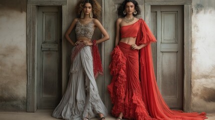Fototapeta premium Fusion saree with pants, styled for a trendy and elegant vibe with high heels and minimal accessories