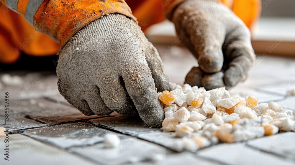 Poster construction worker preparing materials in workshop while wearing gloves and denim overalls during d