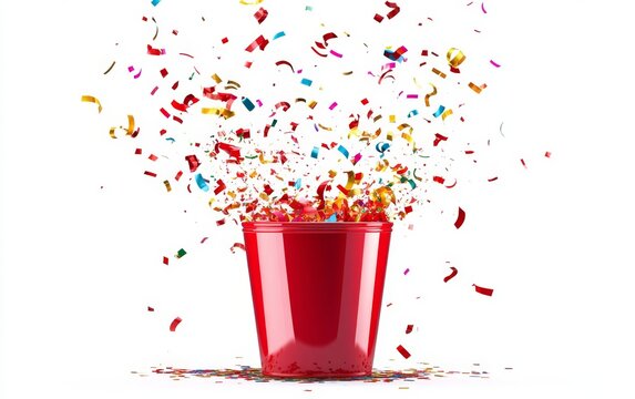 Red party cup with confetti explosion on white background